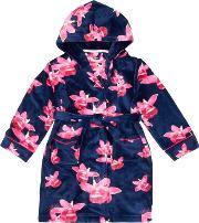Girls Navy Floral Print Hooded Dressing Gown
