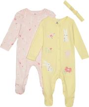 Baby Girls Pink And Yellow Bunny Sleepsuits And Headband Set