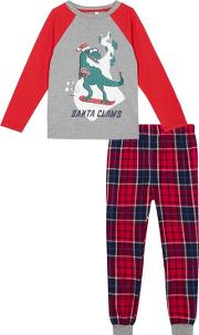 Boys Grey And Red Dinosaur santa Claws Pyjama Set