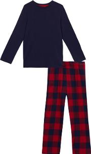 Boys Navy And Red Checked Pyjama Set