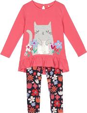 Girls Pink Cat Applique Top And Floral Print Leggings Set