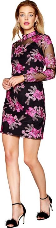 Black And Pink Embroidered High Neck Long Sleeve Mini Dress