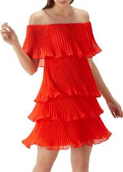 Red tessa Tiered Pleated Bardot Dress