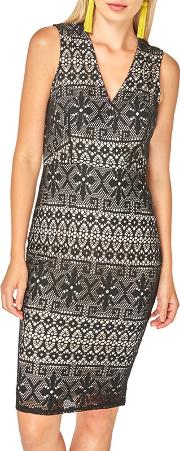 Black And Nude Lace Wrap Bodycon Dress