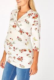 Maternity Ivory Floral Ruched Wrap Top