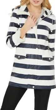 Navy And White Striped Button Front Raincoat