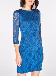 Teal Blue Leafy Lace Bodycon Dress