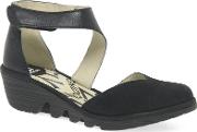 Black Leather Pats Mid Heel Wedge Sandals