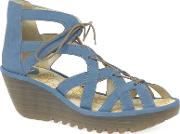 Blue Leather yeli High Wedge Sandals