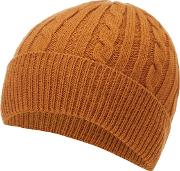 By Patrick Grant Camel Cable Knit Beanie Hat With Wool