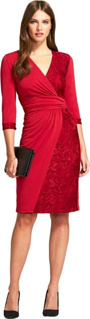 Red V Neck Lace Detail Faux Wrap Dress