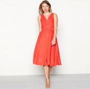 Coral Linen Button Through V Neck Sleeveless Midi Dress
