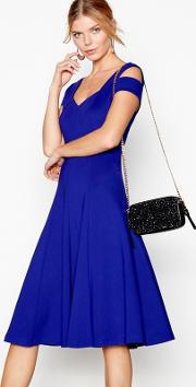 Purple Cold Shoulder Midi Fit And Flare Dress