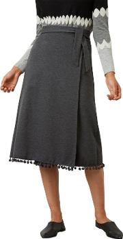 Grey Pompom Hem Midi Skirt