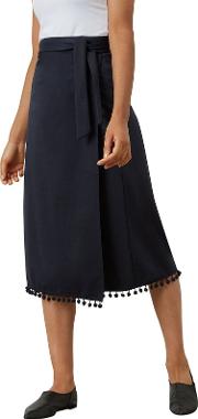 Navy Pompom Hem Midi Skirt