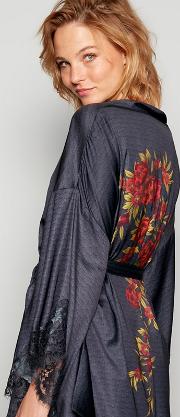 No. 1  Grey Floral Print Satin Kimono Dressing Gown