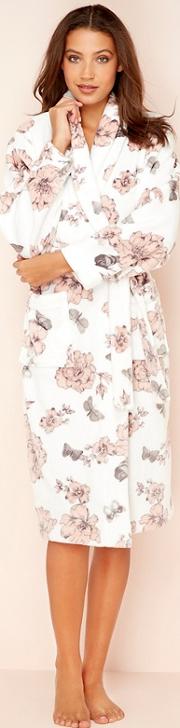 Cream Floral Butterfly Print Fleece Dressing Gown