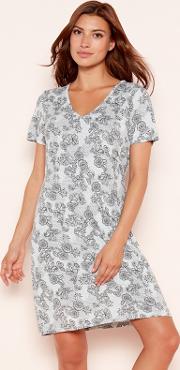 Grey Lace Floral Print Short Sleeve Nightdress