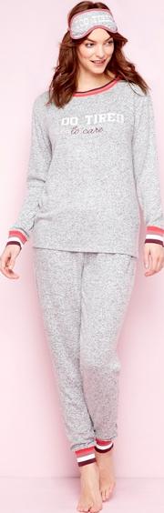 Grey Slogan Print too Tired Pyjama Set With Sleep Mask