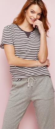 Grey Striped Print Short Sleeve Pyjama Top