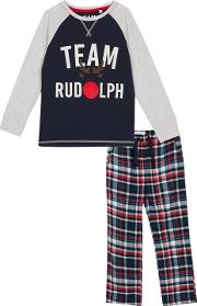 Kids Navy Check Print team Rudolph Cotton Pyjama Set