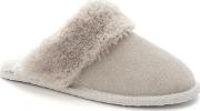 Light Grey Real Suede Faux Fur Cuff Mule Slippers