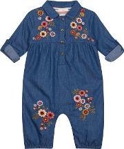 Baby Girls Blue Embroidered Denim Romper Suit