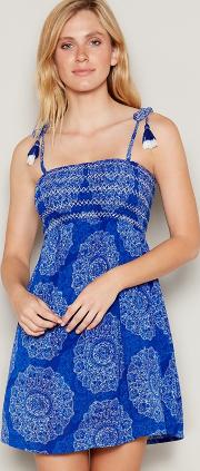 Blue Mandala Print Shirred Bandeau Mini Beach Dress