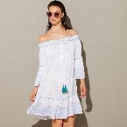 Mult Coloured Boho Print Cheesecloth Bardot Neck Long Sleeve Mini Beach Dress