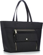Black Grained Front Zip Pocket Shopper Bag