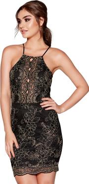 Black And Gold Lace Scallop Bodycon Dress