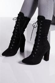 Black Lace Up High Heel Calf Boots