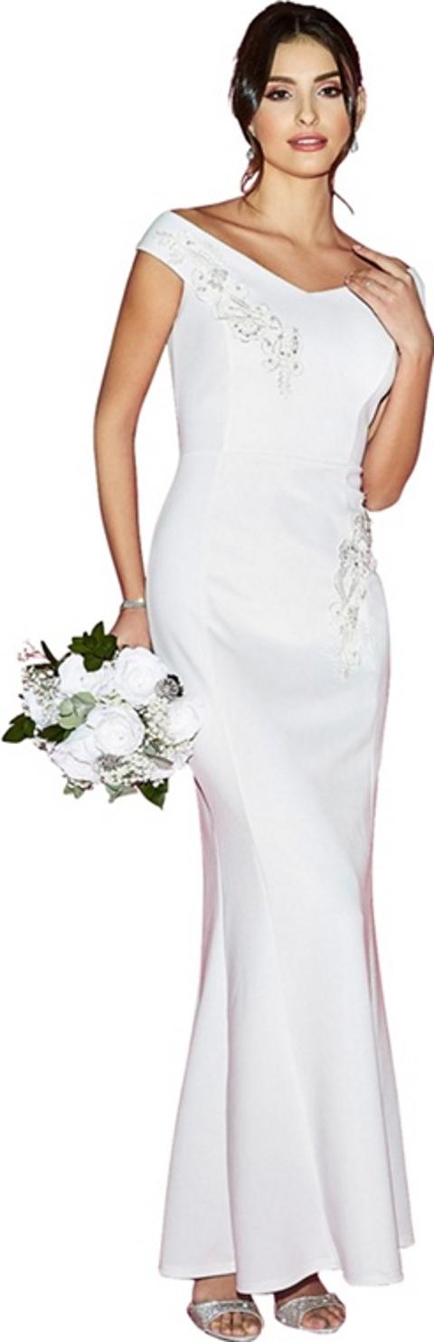 clara white lace bardot fishtail bridal dress