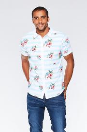 Sky Blue Striped Floral Button Through Slim Fit Polo Shirt