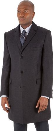 Navy Blue Herringbone Wool Blend Tailored Fit Overcoat