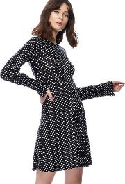 Black Dot Print Long Sleeve Mini Length Skater Dress