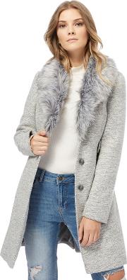 Grey Faux Fur Collar Twill Coat