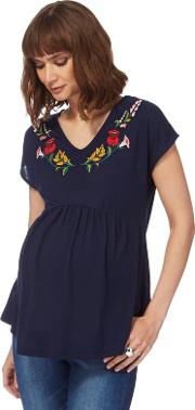 Navy Floral Embroidered Maternity Smock Top