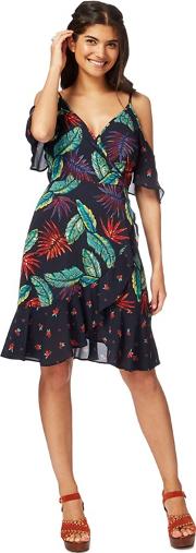 Navy Tropical Print Cold Shoulder Knee Length Tea Dress