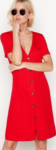 Red Ribbed V Neck Button Through Mini Dress