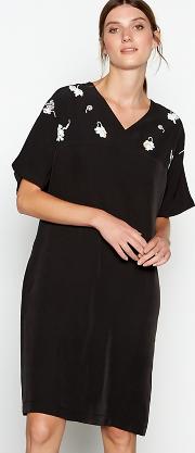 Black Sequin Embellished V Neck Shift Dress