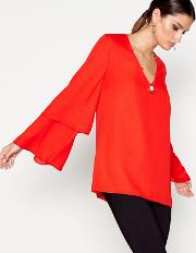 Red Long Sleeved Necklace Top