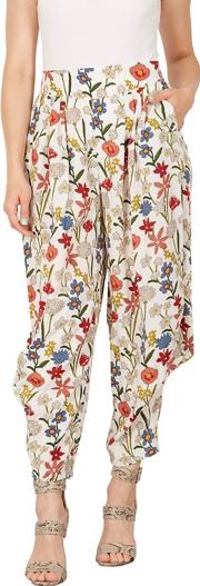 White Floral Ruched Bottom Trousers