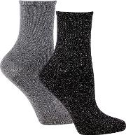 2 Pack Black And Grey Glitter Ankle Socks
