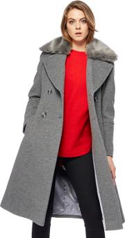 Grey Faux Fur Collar Wool Rich Coat