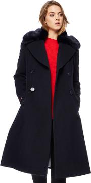 Navy Faux Fur Collar Wool Rich Coat