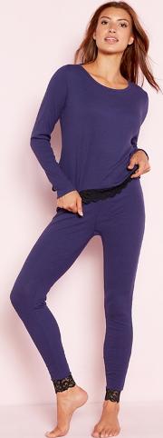 Purple Ribbed Cotton Blend victoria Long Sleeve Pyjama Set