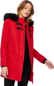 Red Faux Fur Trim Duffle Coat