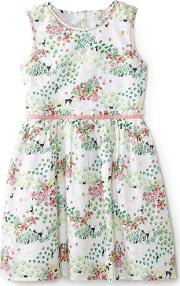 Girl White Poodle And Garden Print Dress