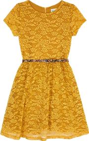 Yellow Belted Lace Skater Dress